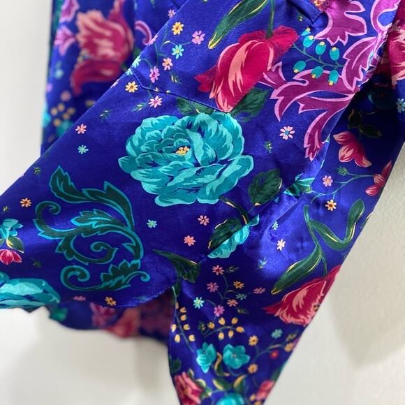 VTG 90s Floral Satin Pajama Top Size S Silky Boxy Button Blouse Boho - Picture 7 of 8